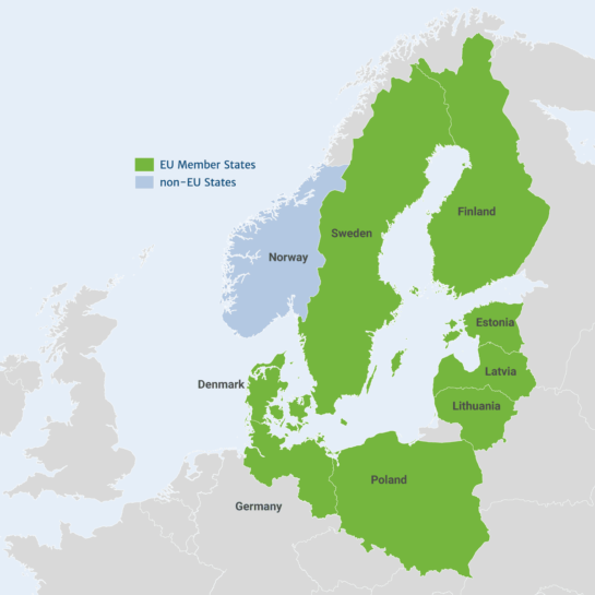 Projektā iesaistīto dalībvalstu karte - Zviedrija, Somija, Igaunija, Latvija, Lietuva, Polija, Vācija, Dānija, Norvēģija
