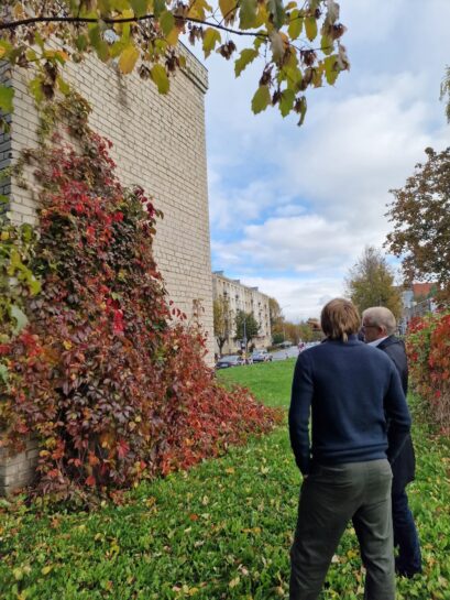 Divi vīrieši, skatoties no mugurpuses, stāv rudens ainavā pie gaišas ķieģeļu ēkas, ko klāj sarkani un oranži vīteņaugi. Tālumā redzama iela ar automašīnām un ēkām zem daļēji mākoņainām debesīm.